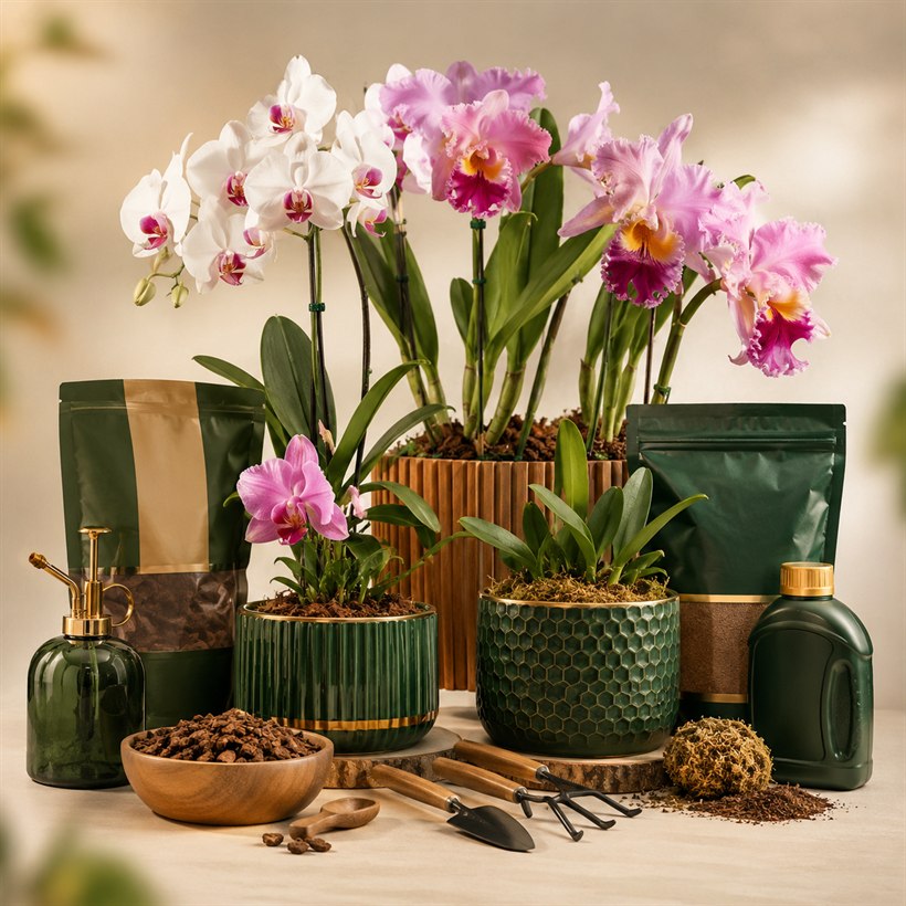 Consórcio Floraterapia — orquídeas, vasos, adubos, borrifador e materiais de cultivo