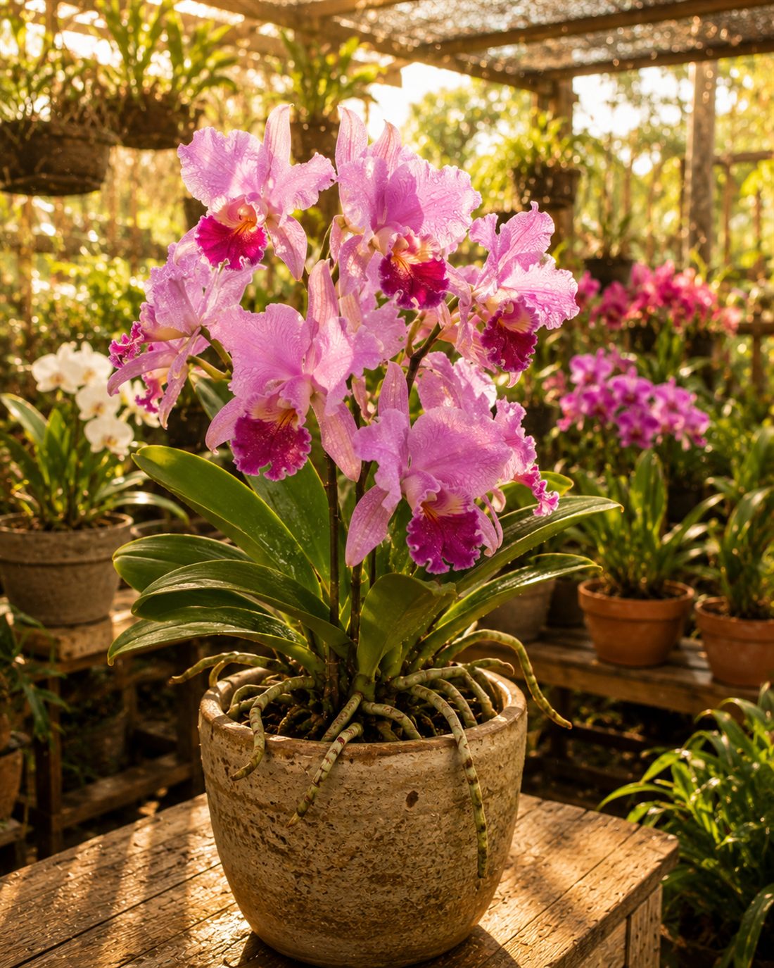 Cattleya rosa em destaque no orquidário